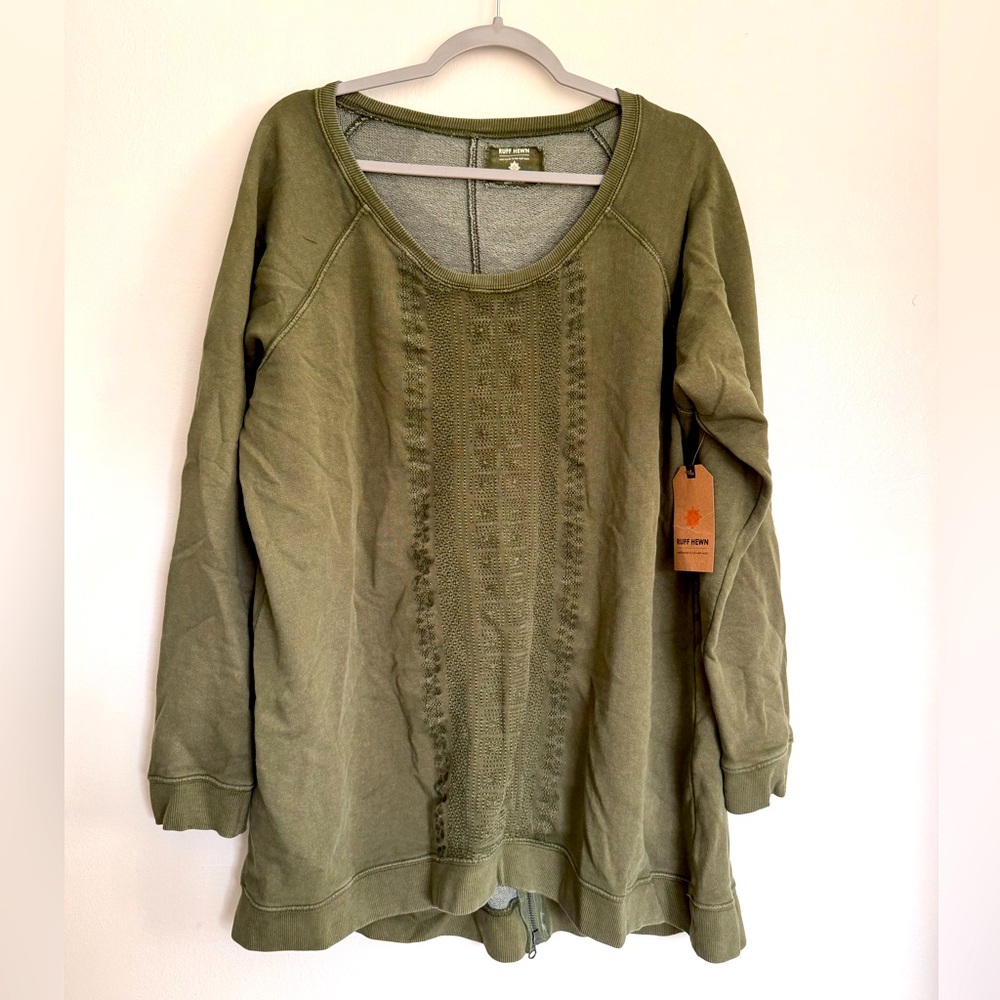 RUFF HEWN Zipper Back Crew Neck Sweatshirt - Plus Size 2X - NEW - Olive Green